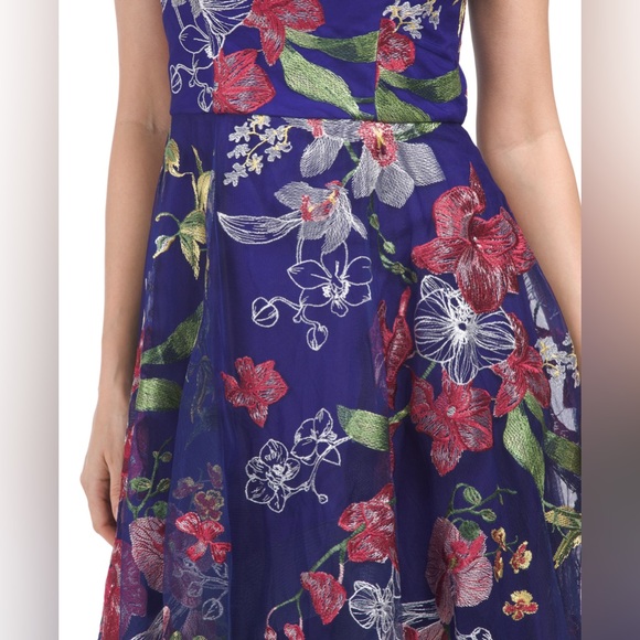 MARCHESA NOTTE COBALT BLUE SLEEVELESS FLORAL EMBROIDERED HIGH LOW DRESS - Picture 4 of 4